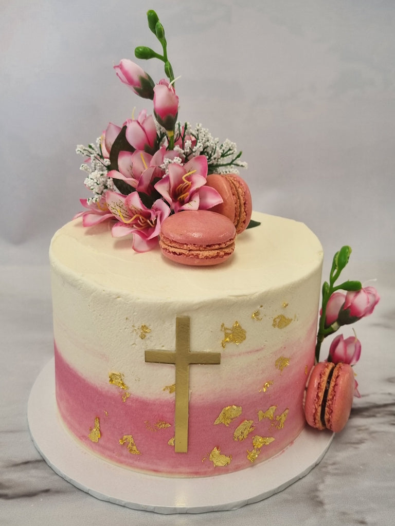 Two-tone Ombre Buttercream Cake with Gold Cross and Silk Flowers