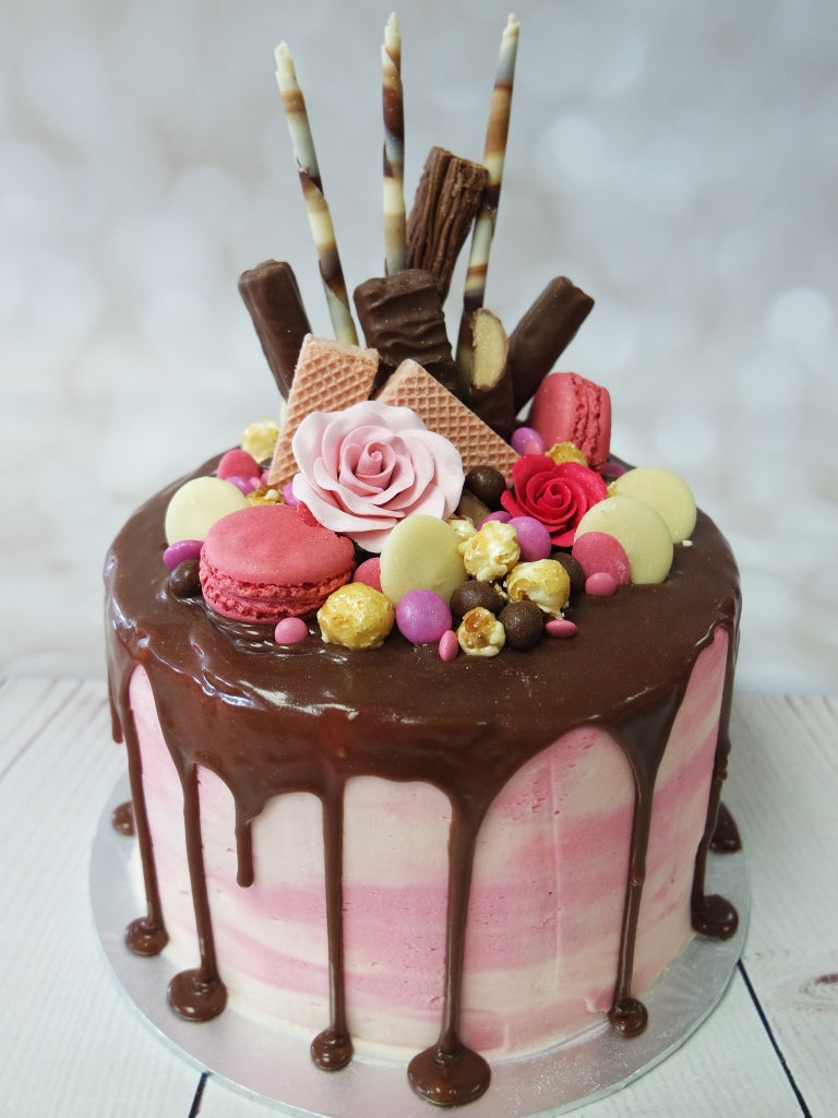 Valentines Pink & Pretty Rose Drip Cake