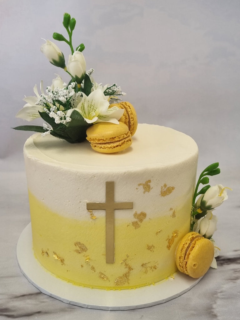 Two-tone Ombre Buttercream Cake with Gold Cross and Silk Flowers